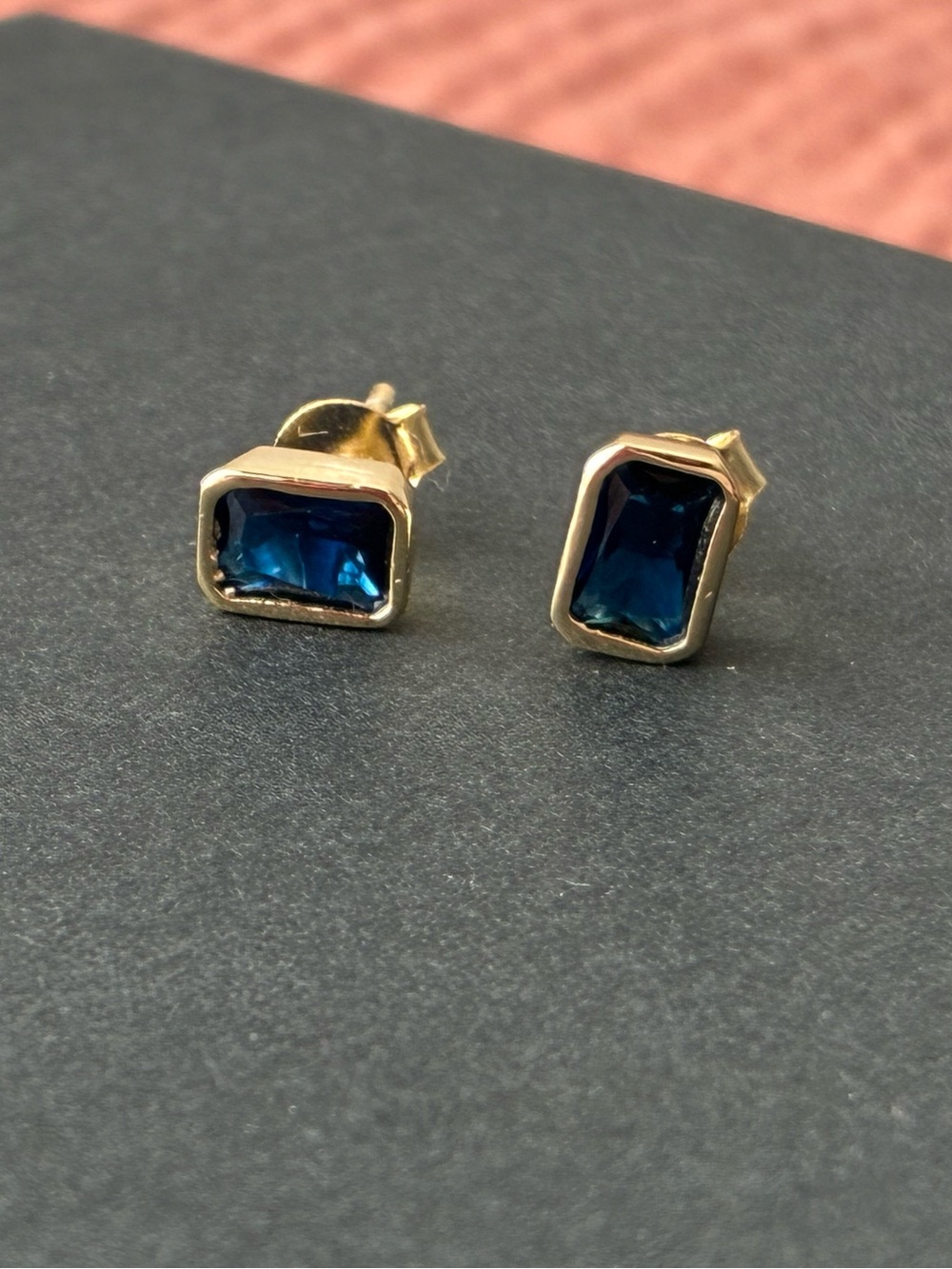 Gold Blue Rectangular Stud Earrings- 925 Sterling Silver